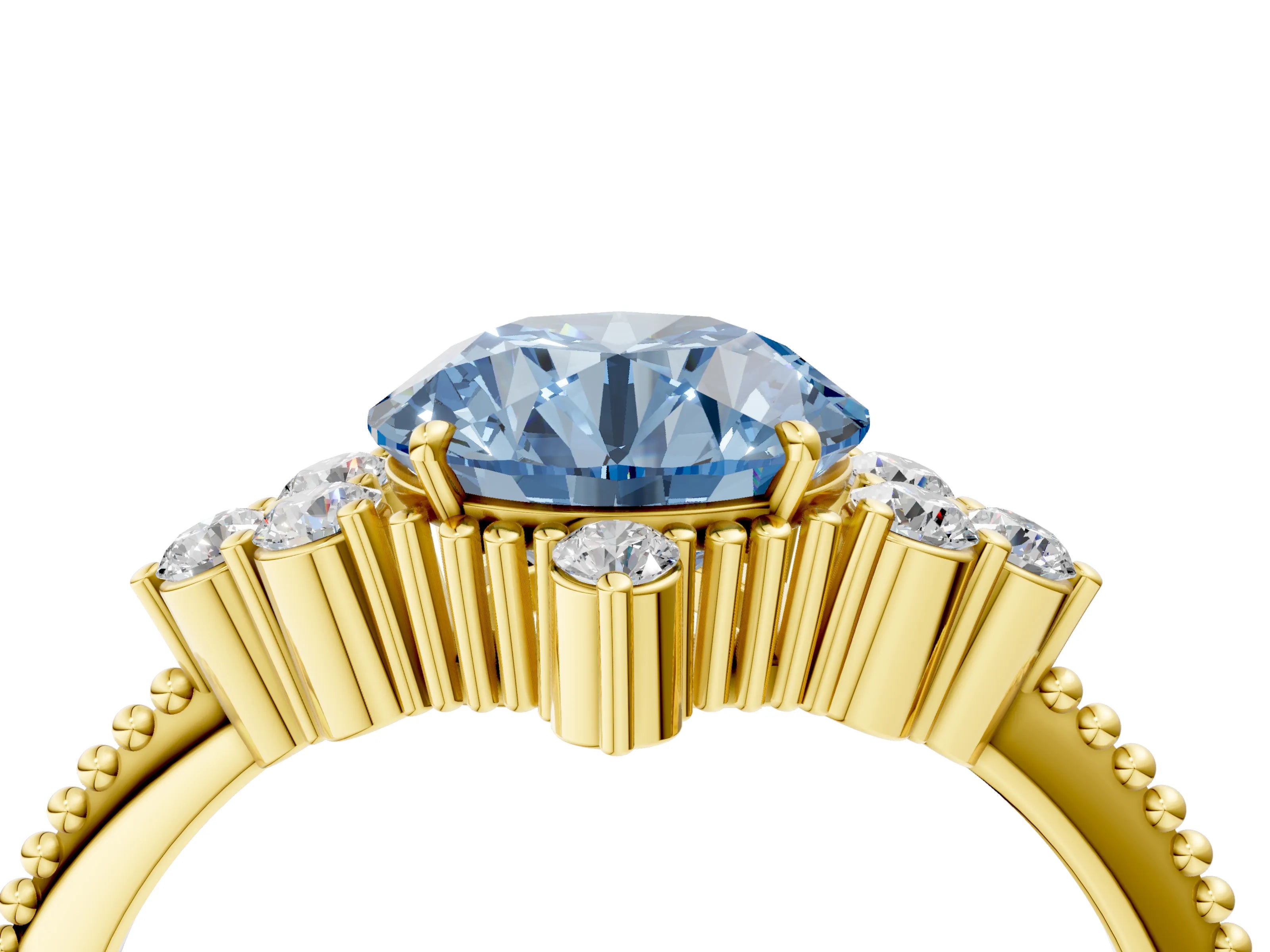 Yellow gold Fancy Blue Round Cut Brilliant Diamond with Cluster Setting on a Beaded Band and Four-Prong Setting_4