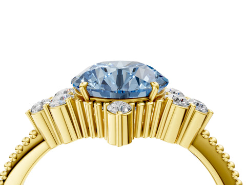 Yellow gold Fancy Blue Round Cut Brilliant Diamond with Cluster Setting on a Beaded Band and Four-Prong Setting_4