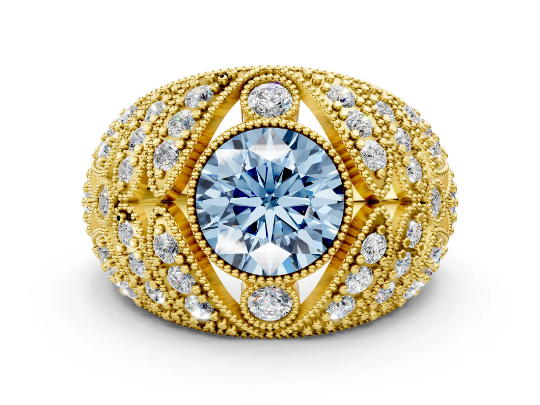 Yellow gold Fancy Blue Round Cut Brilliant Halo Pave Diamond Milgrain Ring
