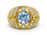 Yellow gold Fancy Blue Round Cut Brilliant Halo Pave Diamond Milgrain Ring