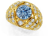 Yellow gold Fancy Blue Round Cut Brilliant Halo Pave Diamond Milgrain Ring_1