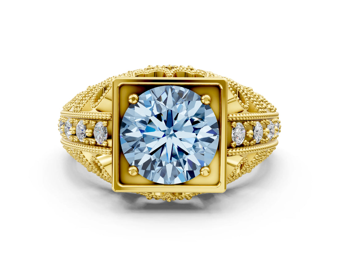 Yellow gold Fancy Blue Round Cut Brilliant Milgrain Filigree Diamond Ring with Square Prong Setting