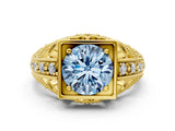 Yellow gold Fancy Blue Round Cut Brilliant Milgrain Filigree Diamond Ring with Square Prong Setting