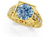Yellow gold Fancy Blue Round Cut Brilliant Milgrain Filigree Diamond Ring with Square Prong Setting_1