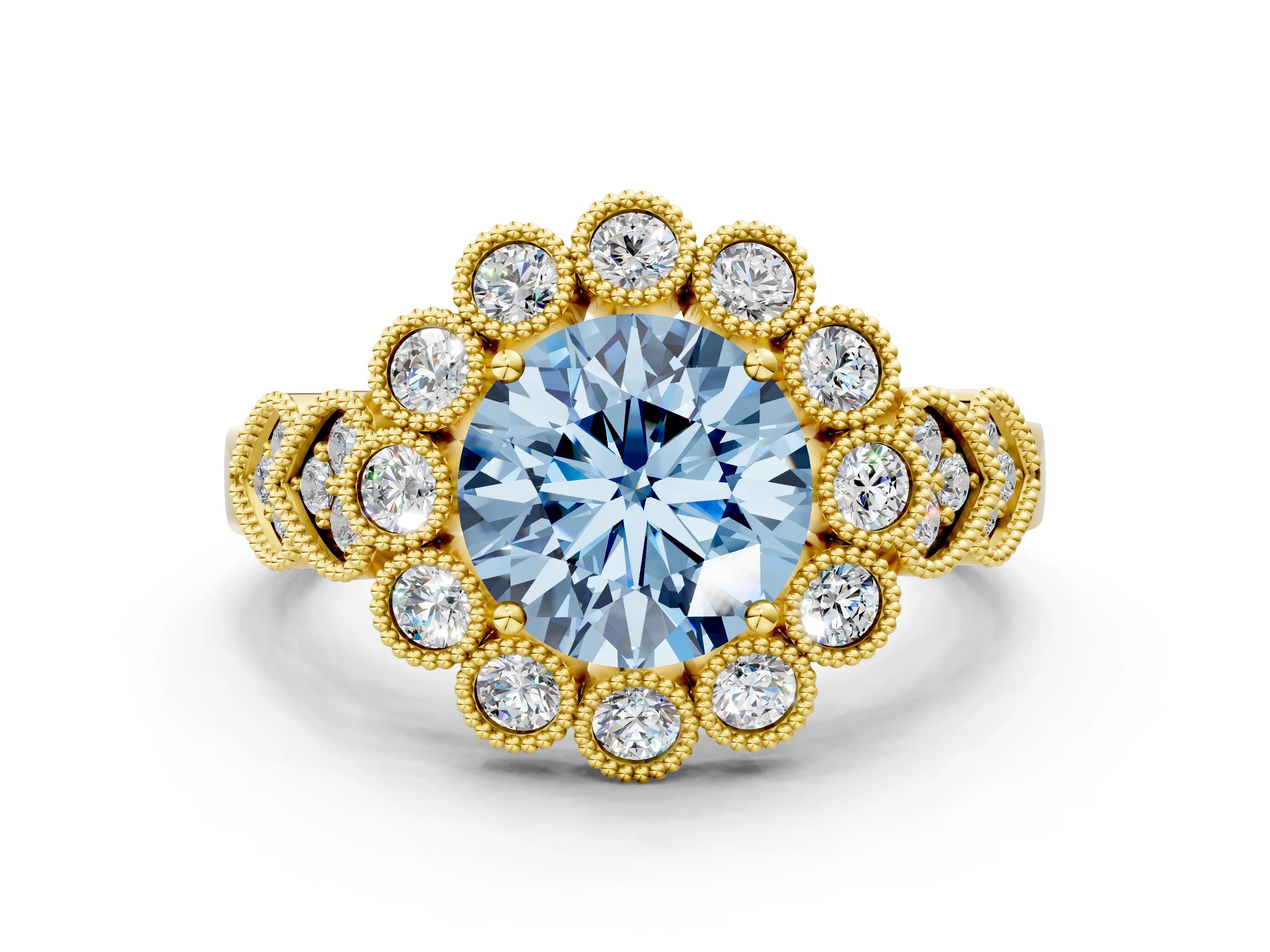 Yellow gold Fancy Blue Round Cut Brilliant Milgrain Pave Heart Band Solitaire Ring