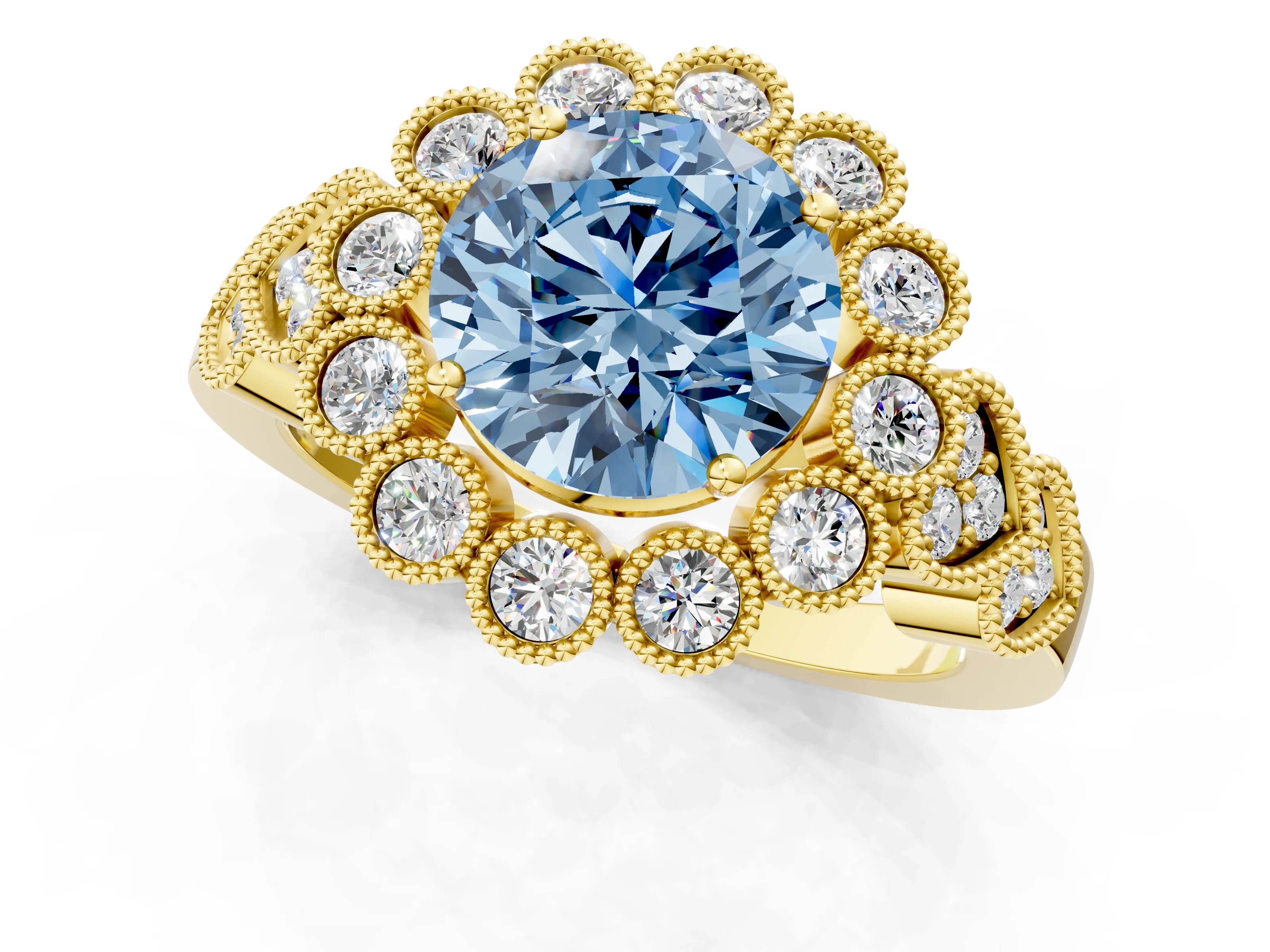 Yellow gold Fancy Blue Round Cut Brilliant Milgrain Pave Heart Band Solitaire Ring_1