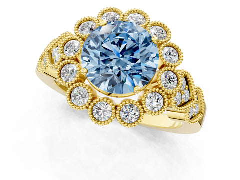 Yellow gold Fancy Blue Round Cut Brilliant Milgrain Pave Heart Band Solitaire Ring_1