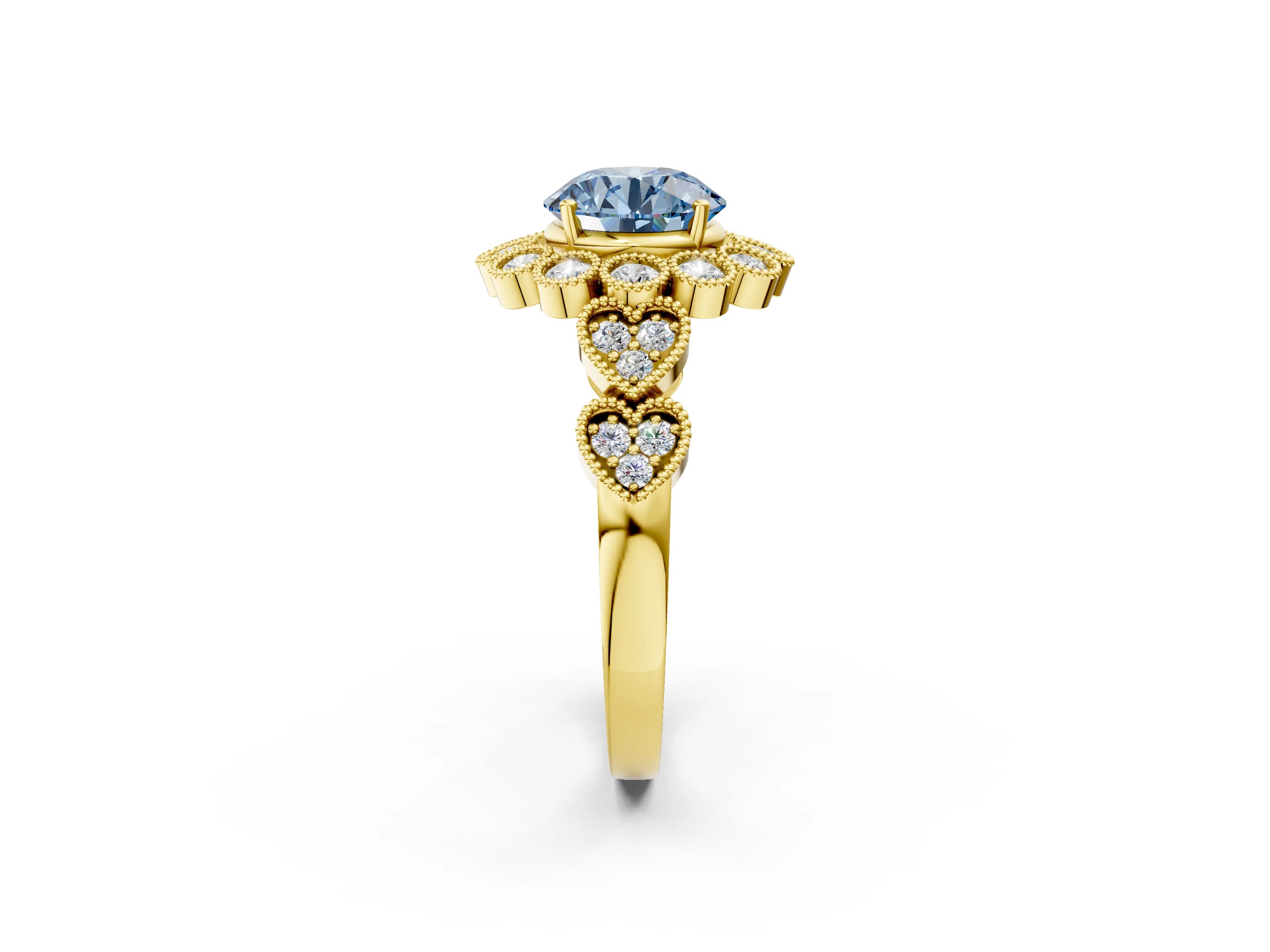 Yellow gold Fancy Blue Round Cut Brilliant Milgrain Pave Heart Band Solitaire Ring_2