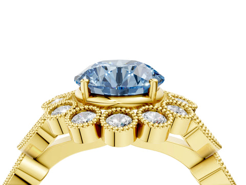 Yellow gold Fancy Blue Round Cut Brilliant Milgrain Pave Heart Band Solitaire Ring_4