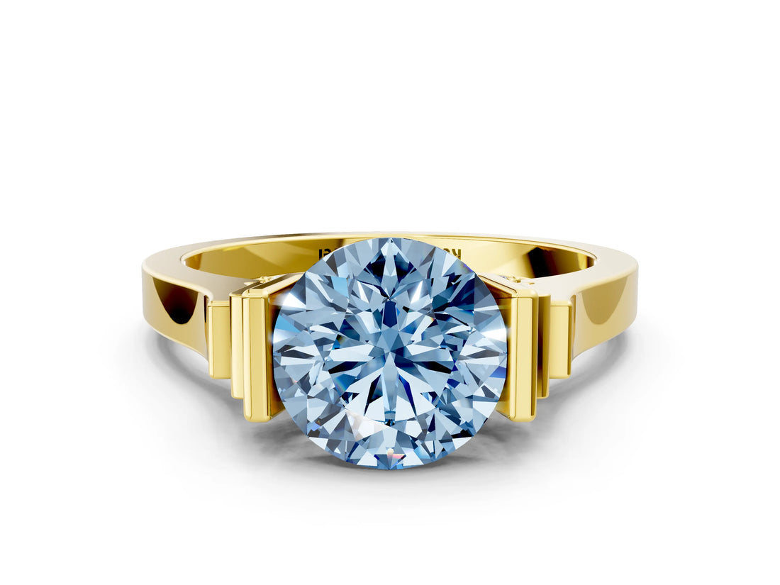 Yellow gold Fancy Blue Round Cut Brilliant Solitaire Diamond Ring with Channel Set Band and Bar Prong Setting