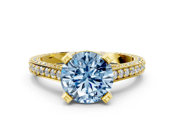 Yellow gold Fancy Blue Round Cut Brilliant Split Shank Pave Solitaire Ring with Four-Prong Setting