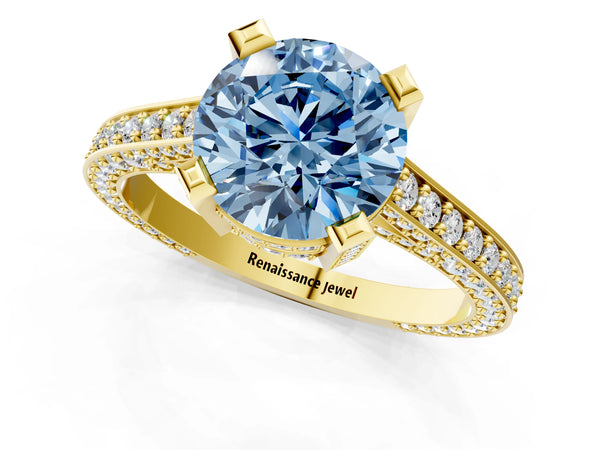 Yellow gold Fancy Blue Round Cut Brilliant Split Shank Pave Solitaire Ring with Four-Prong Setting