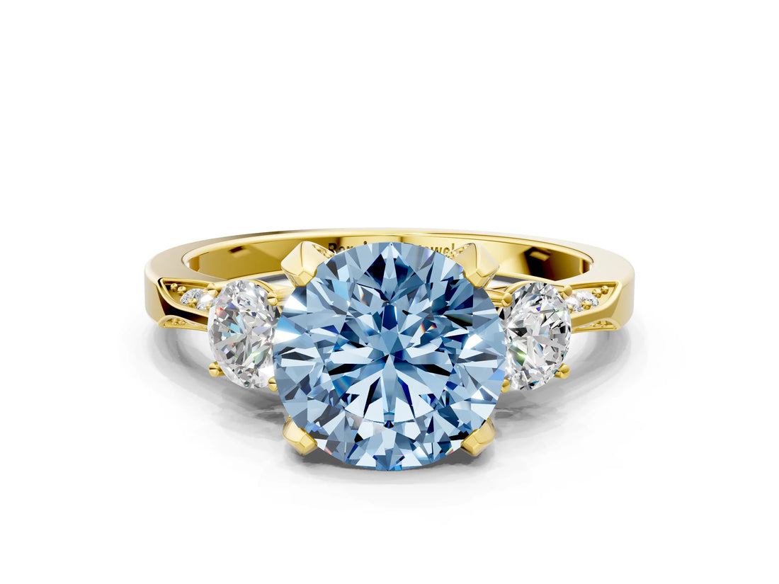 Yellow gold Fancy Blue Round Cut Brilliant Three-Stone Diamond Ring with Pavé Band and Four-Prong Setting_3