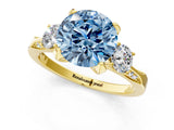 Yellow gold Fancy Blue Round Cut Brilliant Three-Stone Diamond Ring with Pavé Band and Four-Prong Setting_4
