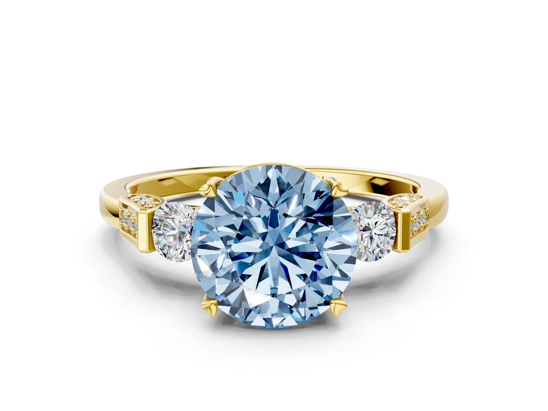 Yellow gold Fancy Blue Round Cut Brilliant Three-Stone Pave Band with Four-Prong Setting