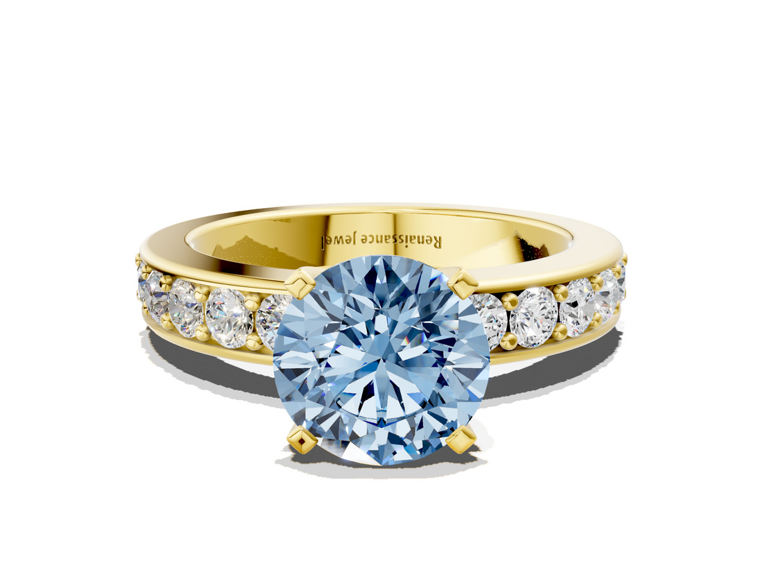 Yellow gold Fancy Blue Round  Cut Channel Set Diamond Engagement Ring with Four-Prong Setting_222