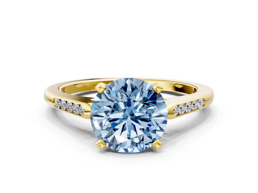 Yellow gold Fancy Blue Round  Cut Channel Set Solitaire Engagement Ring with Four-Prong Setting