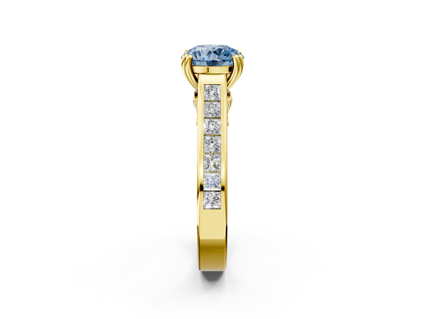 Yellow Gold Round Channel Set Solitaire Engagement Ring Setting for Fancy Blue Center with Double Claw Prongs
