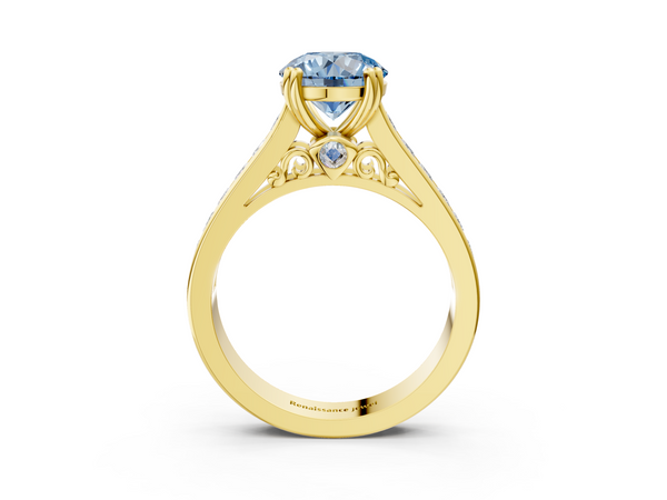 Yellow Gold Round Channel Set Solitaire Engagement Ring Setting for Fancy Blue Center with Double Claw Prongs