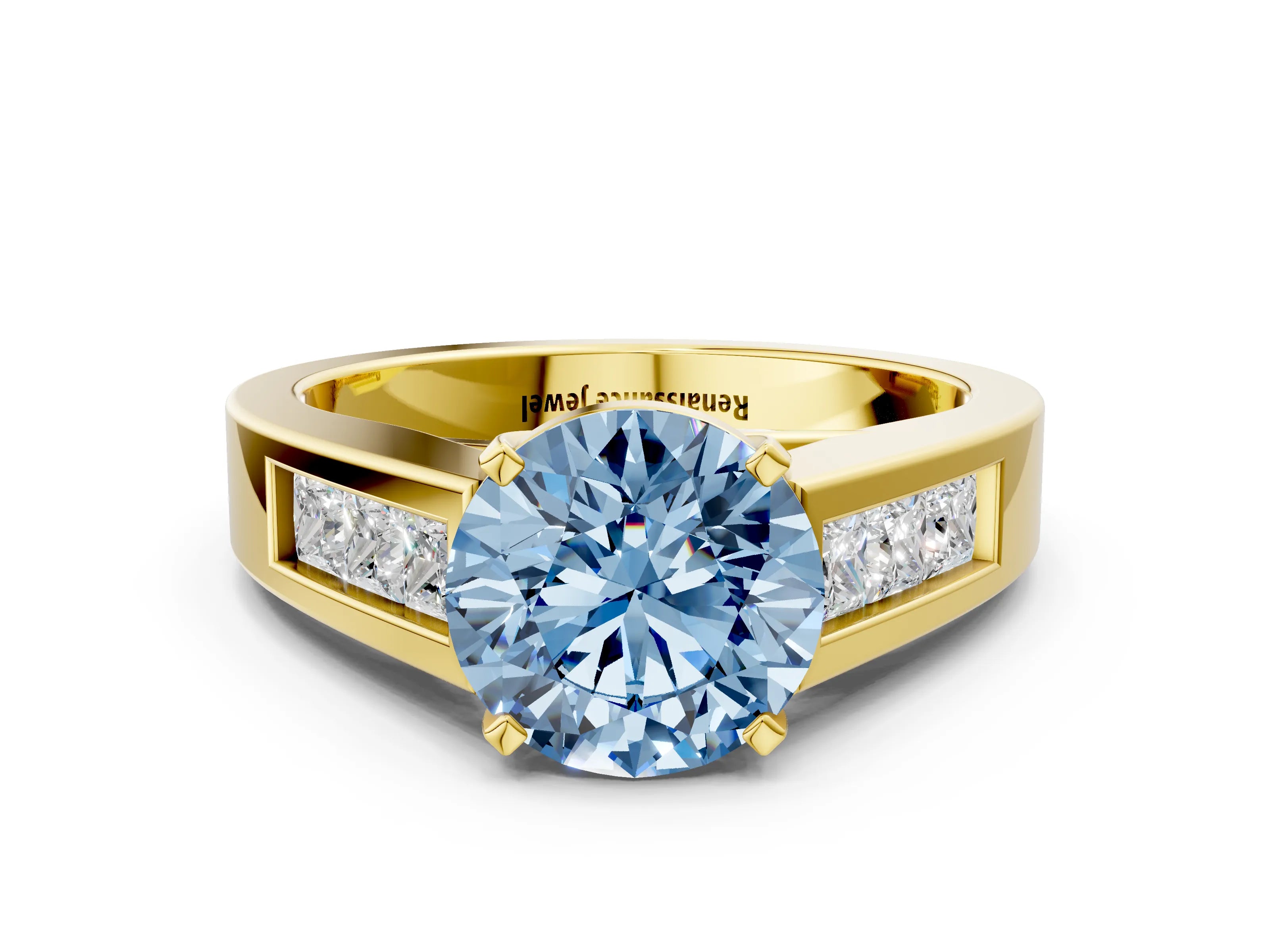 Yellow gold Fancy Blue Round Cut Cut Channel Set Solitaire Ring with Four-Prong Setting