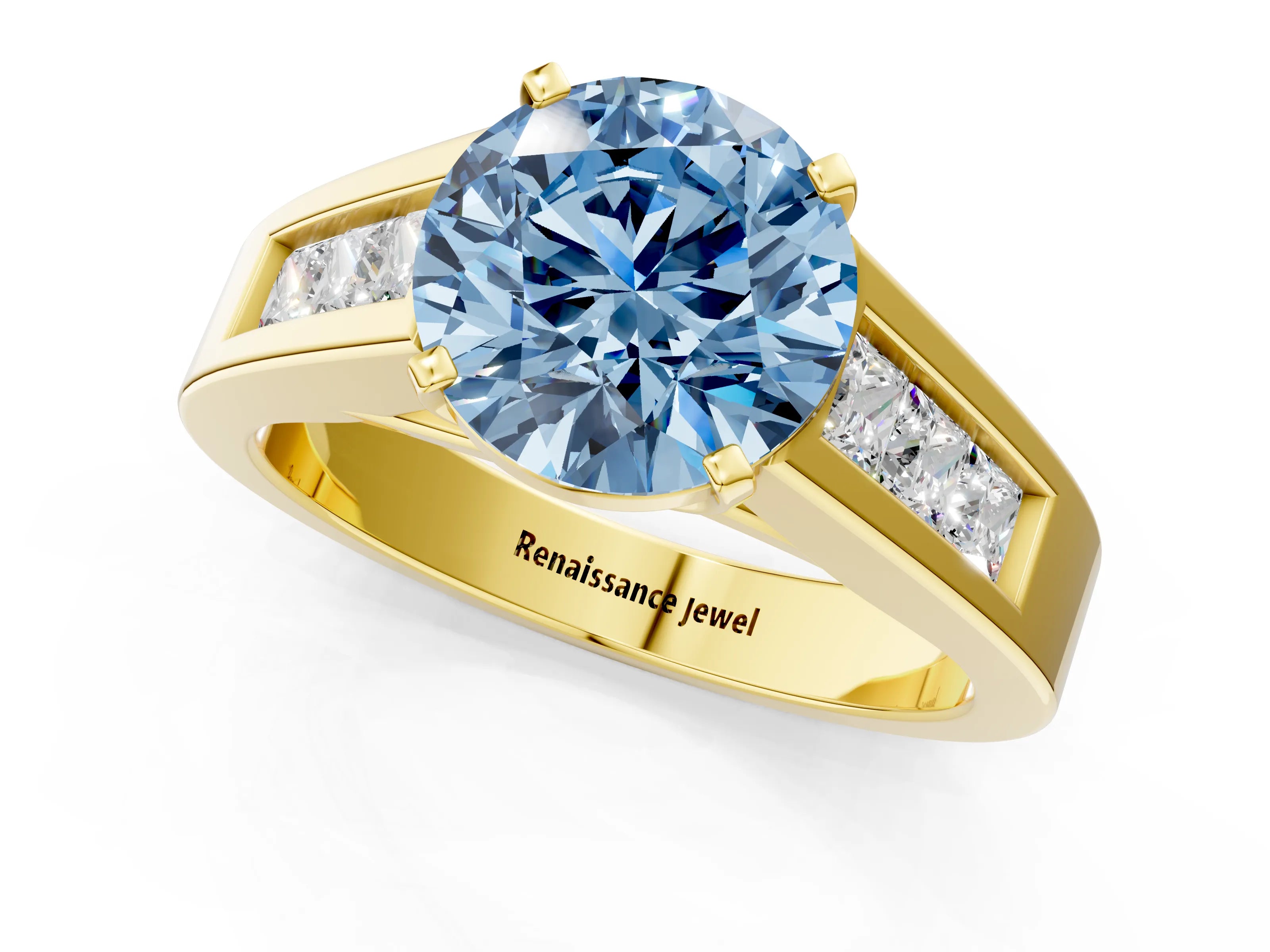 Yellow gold Fancy Blue Round Cut Cut Channel Set Solitaire Ring with Four-Prong Setting_1