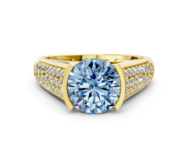 Yellow gold Fancy Blue Round Cut Diamond Channel Set Pave Band with Tension Prong Setting