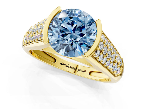 Yellow gold Fancy Blue Round Cut Diamond Channel Set Pave Band with Tension Prong Setting