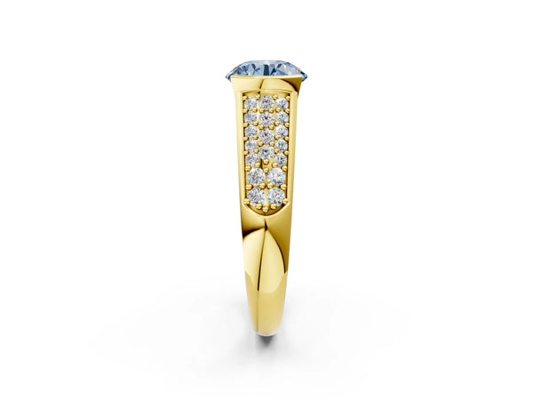 Yellow gold Fancy Blue Round Cut Diamond Channel Set Pave Band with Tension Prong Setting