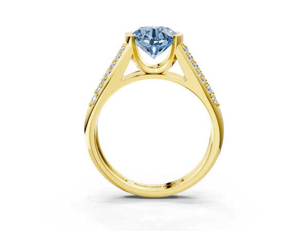 Yellow gold Fancy Blue Round Cut Diamond Channel Set Pave Band with Tension Prong Setting