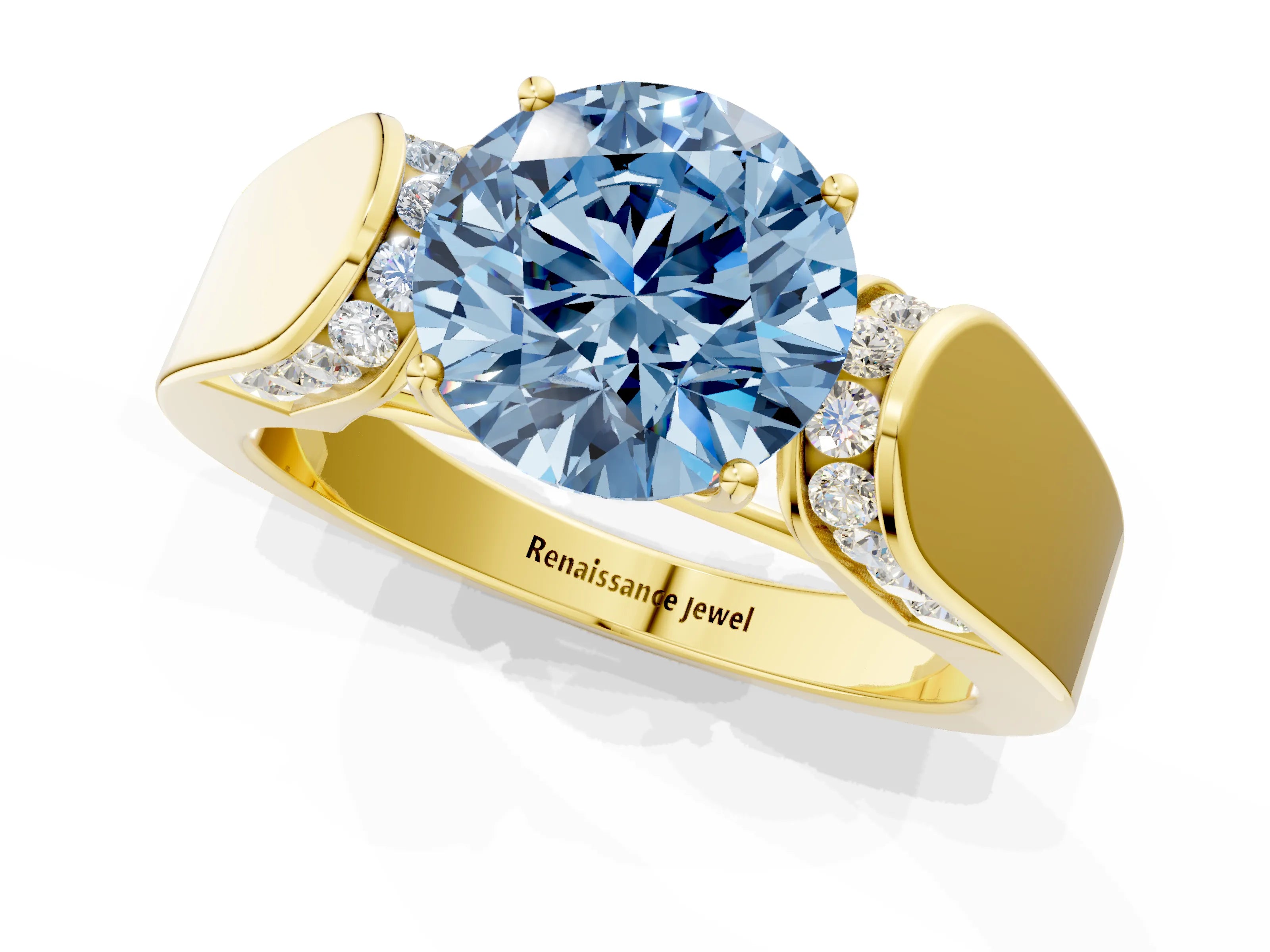 Yellow gold Fancy Blue Round Cut Cut Diamond Channel Set Solitaire Ring with Four-Prong Setting_1