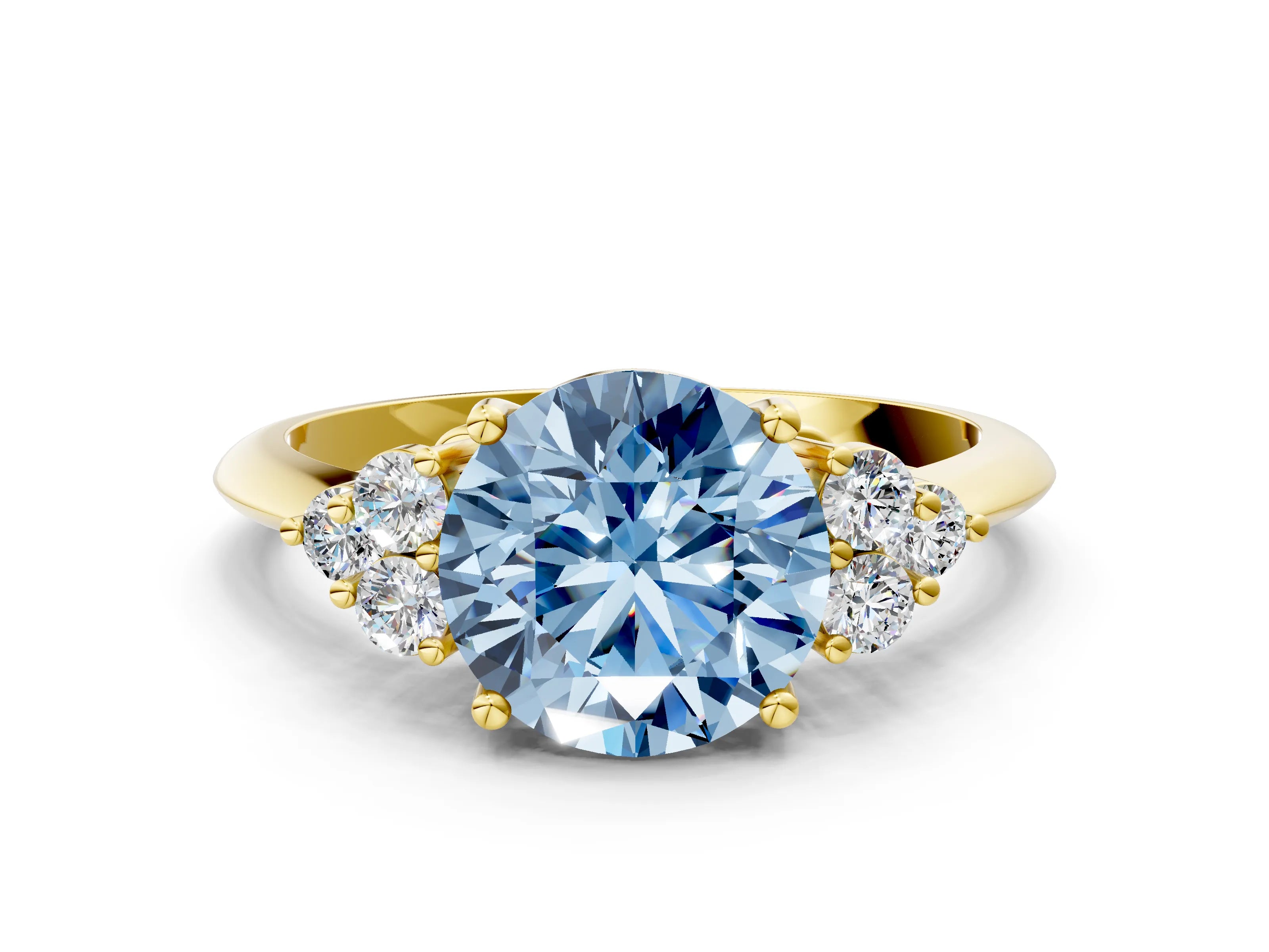 Yellow gold Fancy Blue Round Cut Cut Diamond Cluster Ring with Solitaire Band and Four-Prong Setting