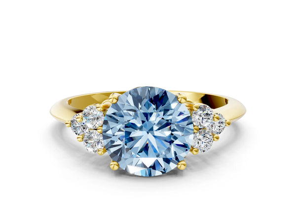 Yellow gold Fancy Blue Round Cut Cut Diamond Cluster Ring with Solitaire Band and Four-Prong Setting