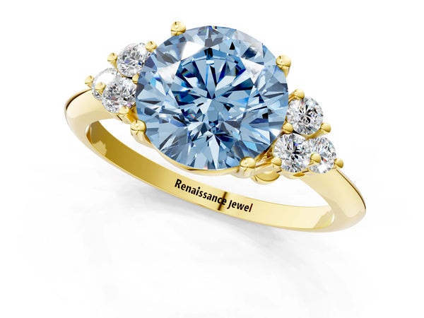 Yellow gold Fancy Blue Round Cut Cut Diamond Cluster Ring with Solitaire Band and Four-Prong Setting