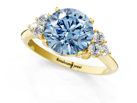 Yellow gold Fancy Blue Round Cut Cut Diamond Cluster Ring with Solitaire Band and Four-Prong Setting_1