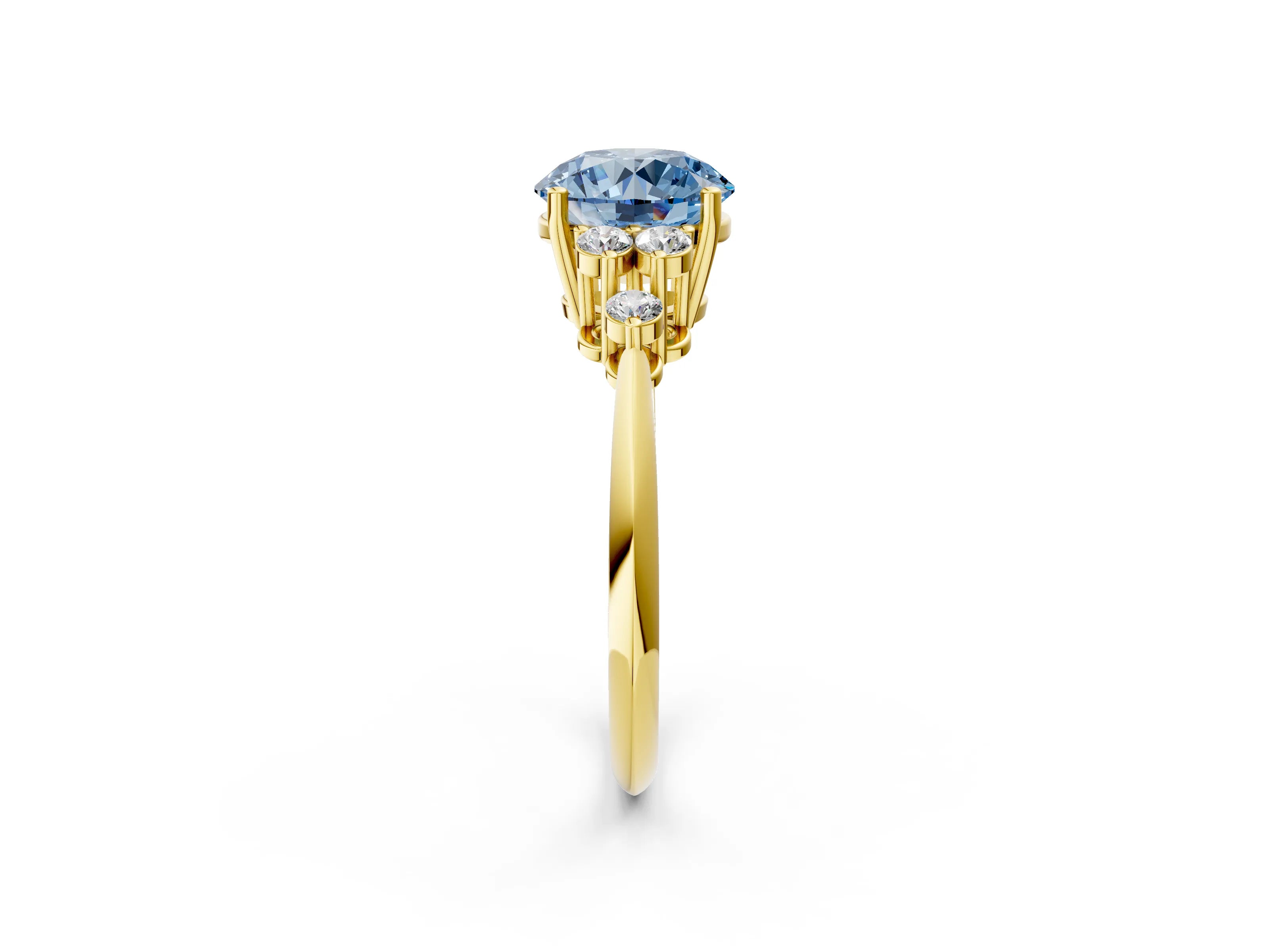 Yellow gold Fancy Blue Round Cut Cut Diamond Cluster Ring with Solitaire Band and Four-Prong Setting_2