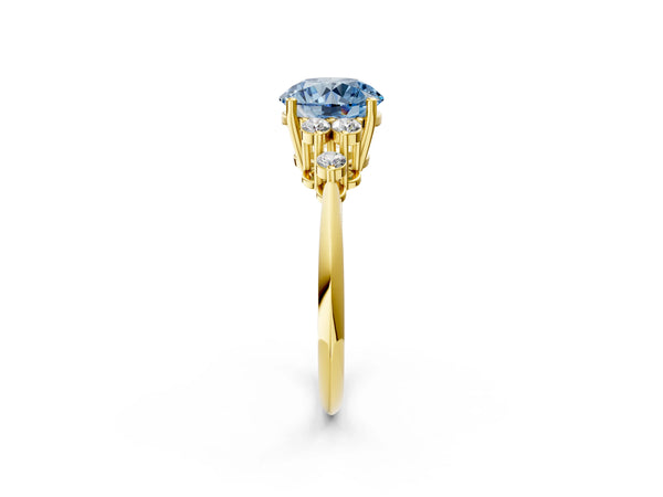 Yellow gold Fancy Blue Round Cut Cut Diamond Cluster Ring with Solitaire Band and Four-Prong Setting