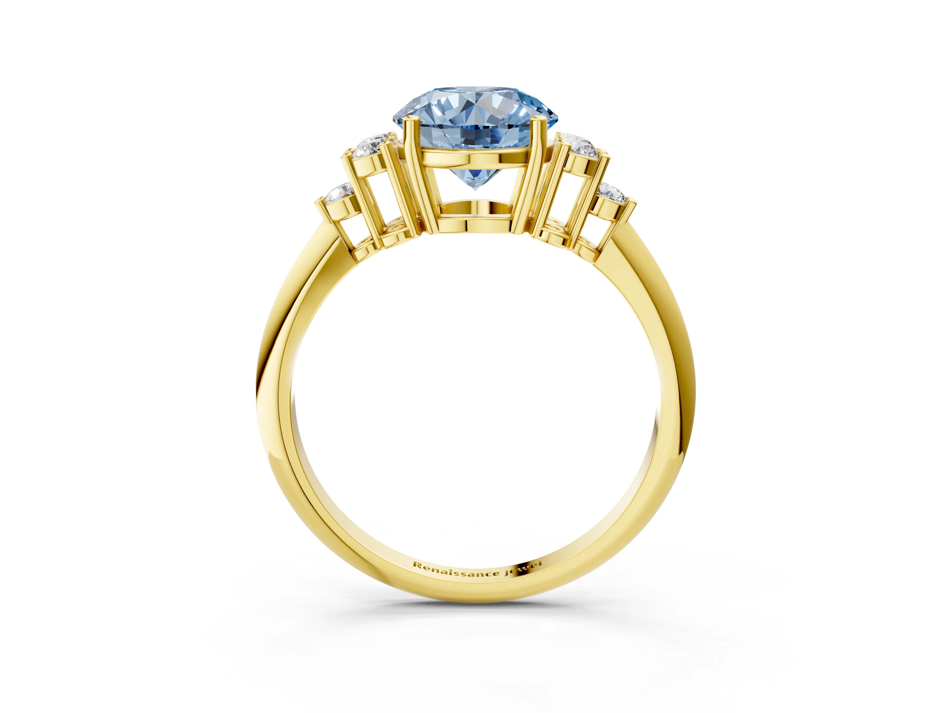 Yellow gold Fancy Blue Round Cut Cut Diamond Cluster Ring with Solitaire Band and Four-Prong Setting_3