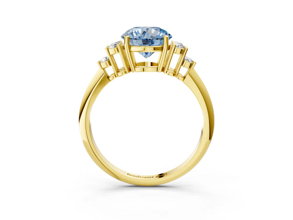 Yellow gold Fancy Blue Round Cut Cut Diamond Cluster Ring with Solitaire Band and Four-Prong Setting