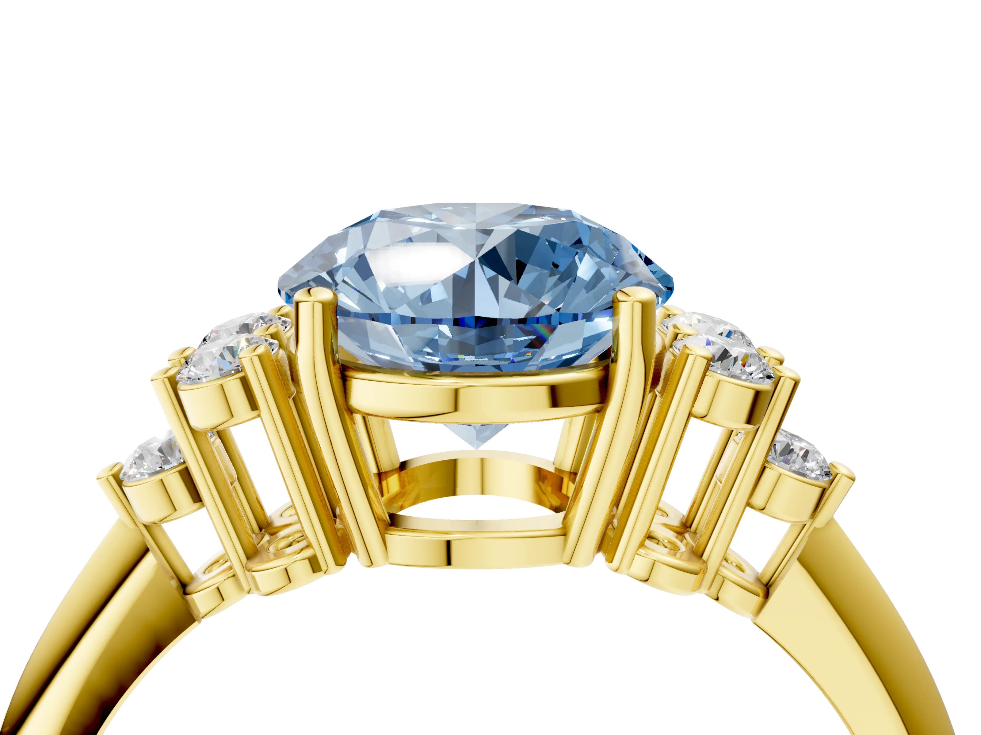 Yellow gold Fancy Blue Round Cut Cut Diamond Cluster Ring with Solitaire Band and Four-Prong Setting_4