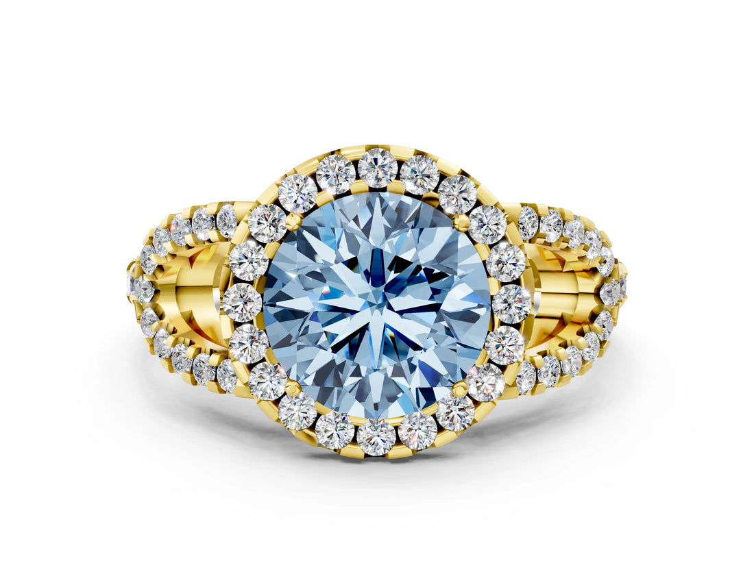 Yellow gold Fancy Blue Round Cut Cut Diamond Halo Engagement Ring with Open Split Pavé Band
