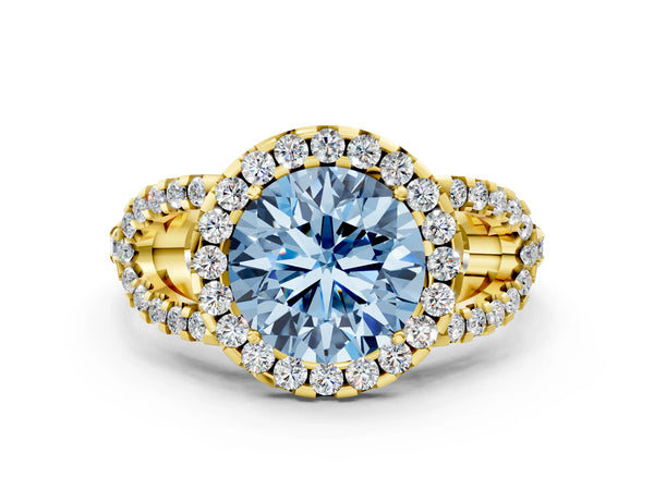 Yellow Gold Round Split Shank Pave Halo Engagement Ring Setting for Fancy Blue Center