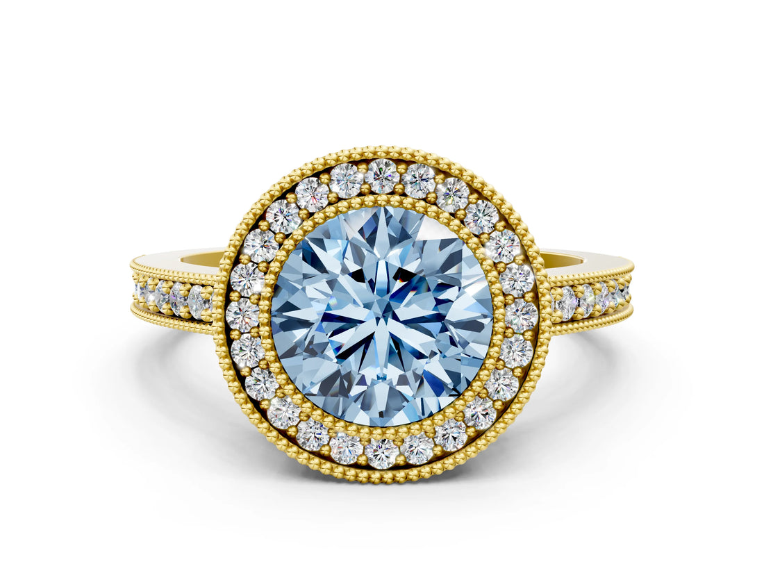 Yellow gold Fancy Blue Round Cut-Cut Diamond Halo Engagement Ring with Pave Band and Prong Setting