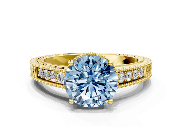 Yellow gold Fancy Blue Round Cut Cut Diamond Milgrain Pave Band Four-Prong Setting Ring