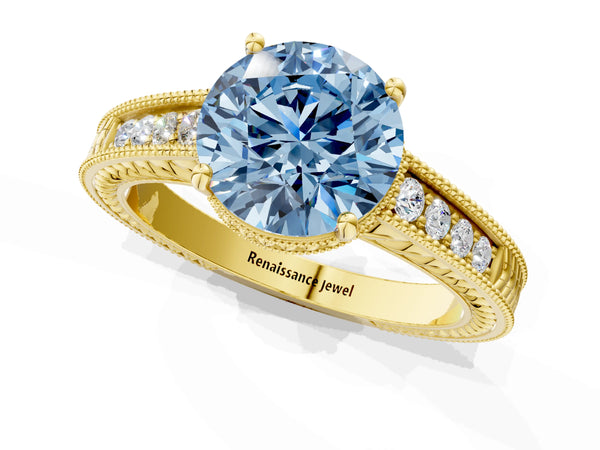 Yellow gold Fancy Blue Round Cut Cut Diamond Milgrain Pave Band Four-Prong Setting Ring