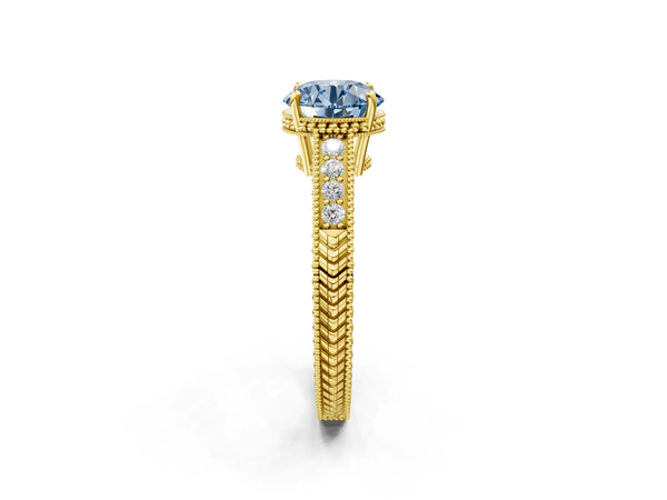 Yellow gold Fancy Blue Round Cut Cut Diamond Milgrain Pave Band Four-Prong Setting Ring