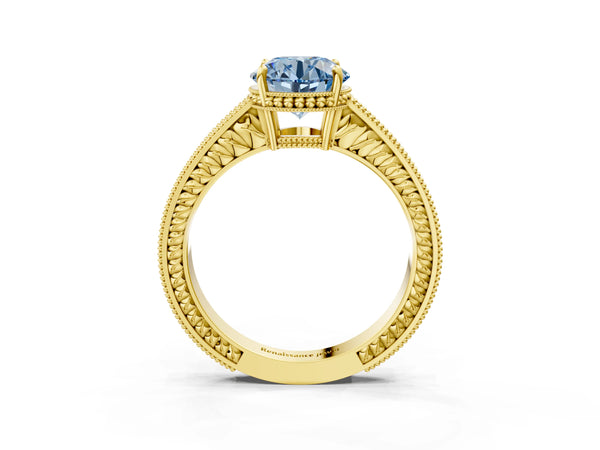 Yellow gold Fancy Blue Round Cut Cut Diamond Milgrain Pave Band Four-Prong Setting Ring