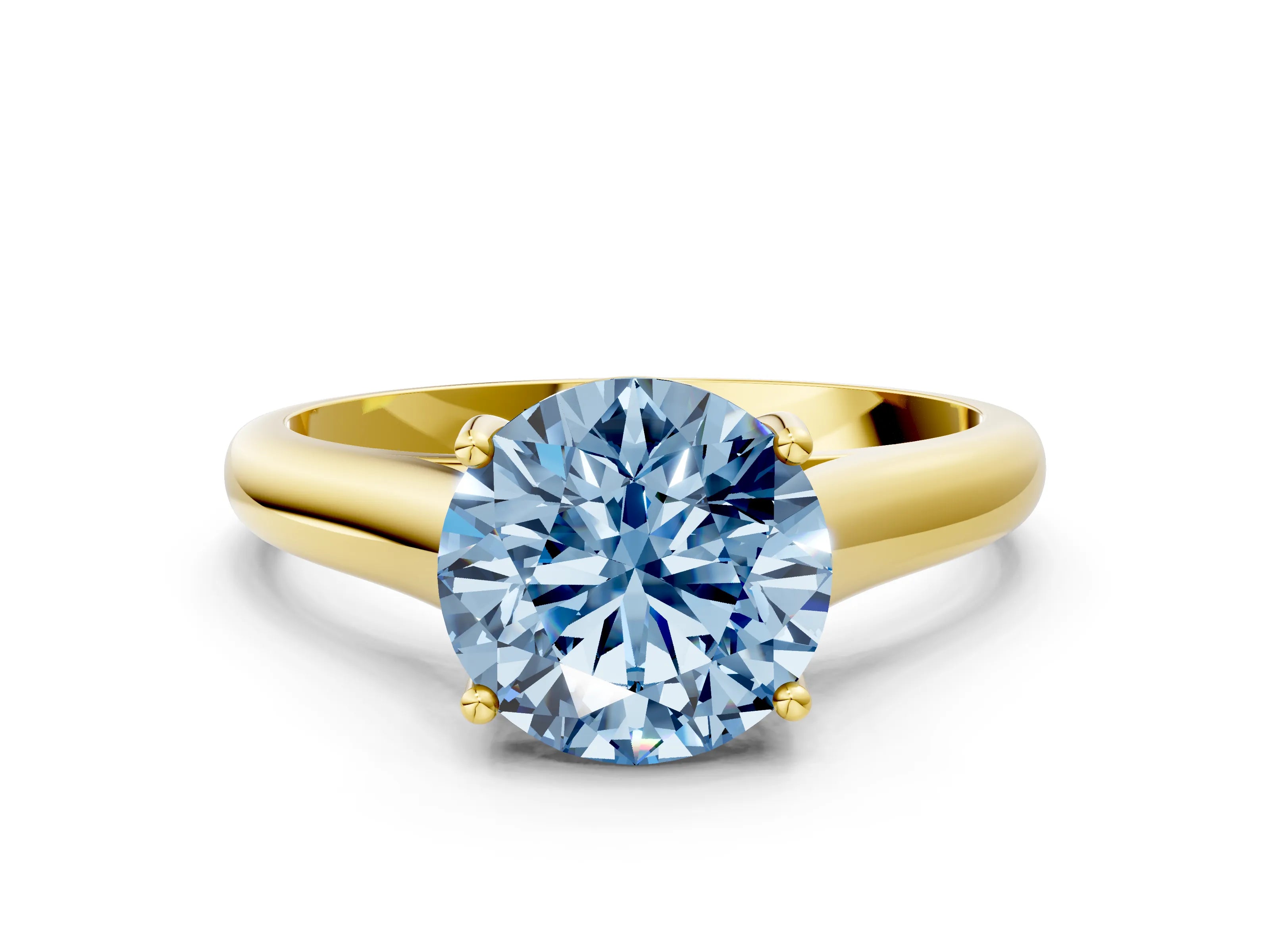 Yellow gold Fancy Blue Round Cut Cut Diamond Solitaire Engagement Ring with Tapered Plain Band and Four-Prong Setting