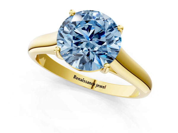 Yellow gold Fancy Blue Round Cut Cut Diamond Solitaire Engagement Ring with Tapered Plain Band and Four-Prong Setting