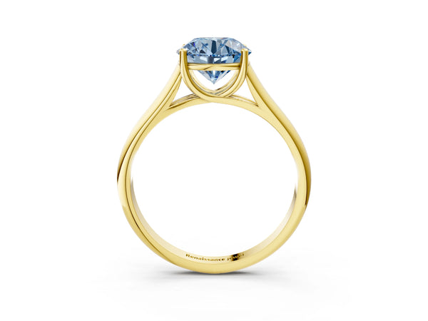Yellow gold Fancy Blue Round Cut Cut Diamond Solitaire Engagement Ring with Tapered Plain Band and Four-Prong Setting