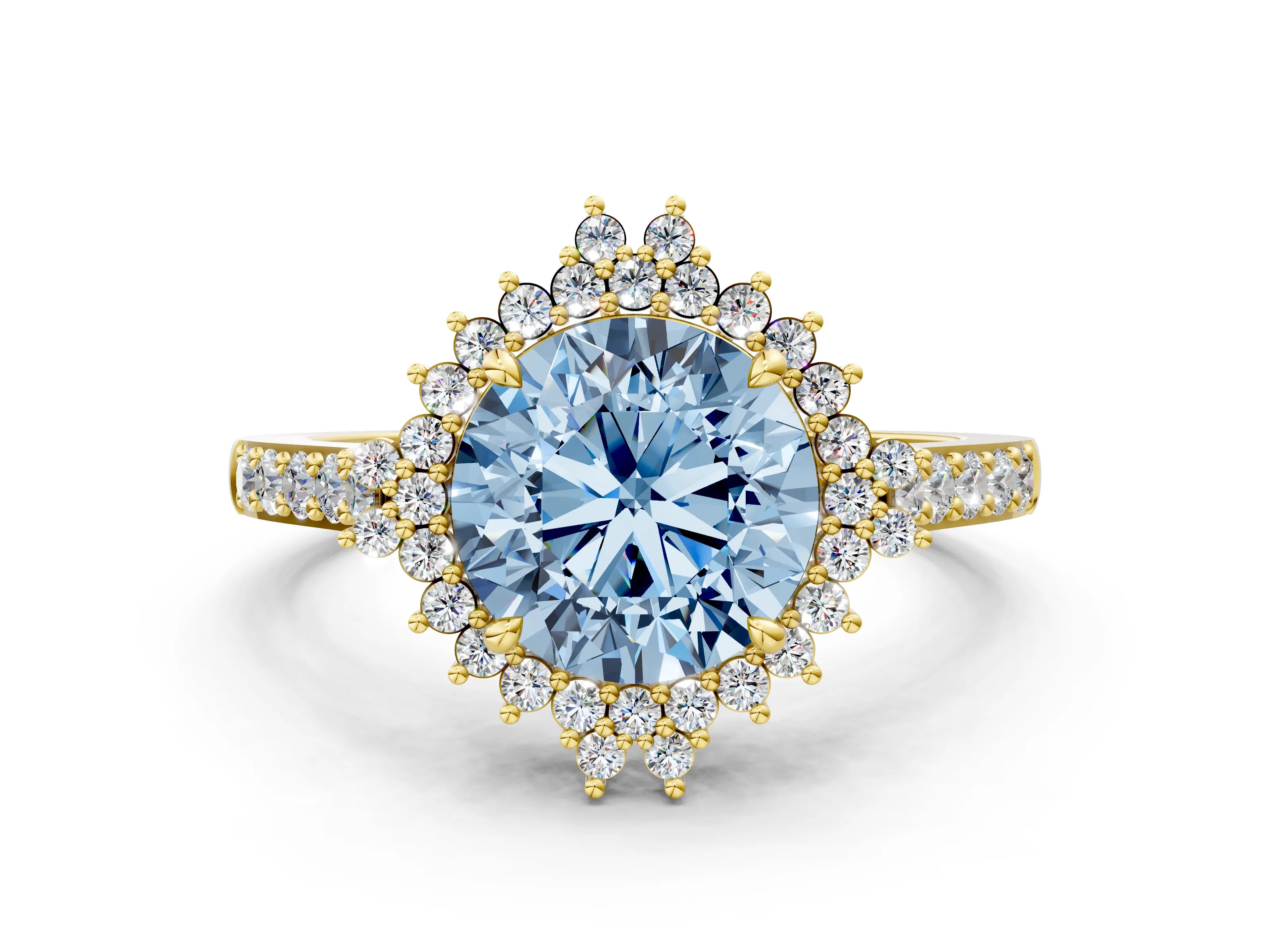 Yellow gold Fancy Blue Round Cut Cut Diamond Sunburst Halo Engagement Ring with Pavé Band